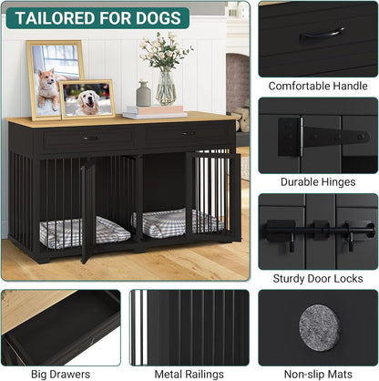 Large Dog Crate with Double Rooms, 72" Heavy Duty Wooden Dog Cage Furniutre Dog Crate Kennel