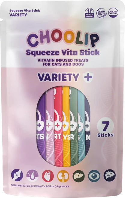 Squeeze Vita Stick Lickable Treats for Dogs & Cats. 7 Variety Support Sticks with Essential