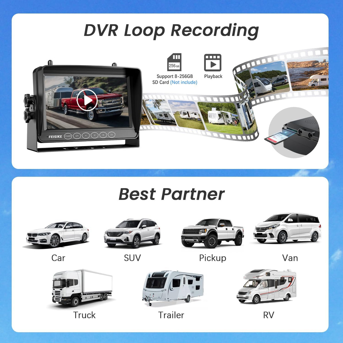 Dual Magnetic Solar Wireless Backup Camera for RV Truck Trailer ??7" 1080P Monitor with Recording