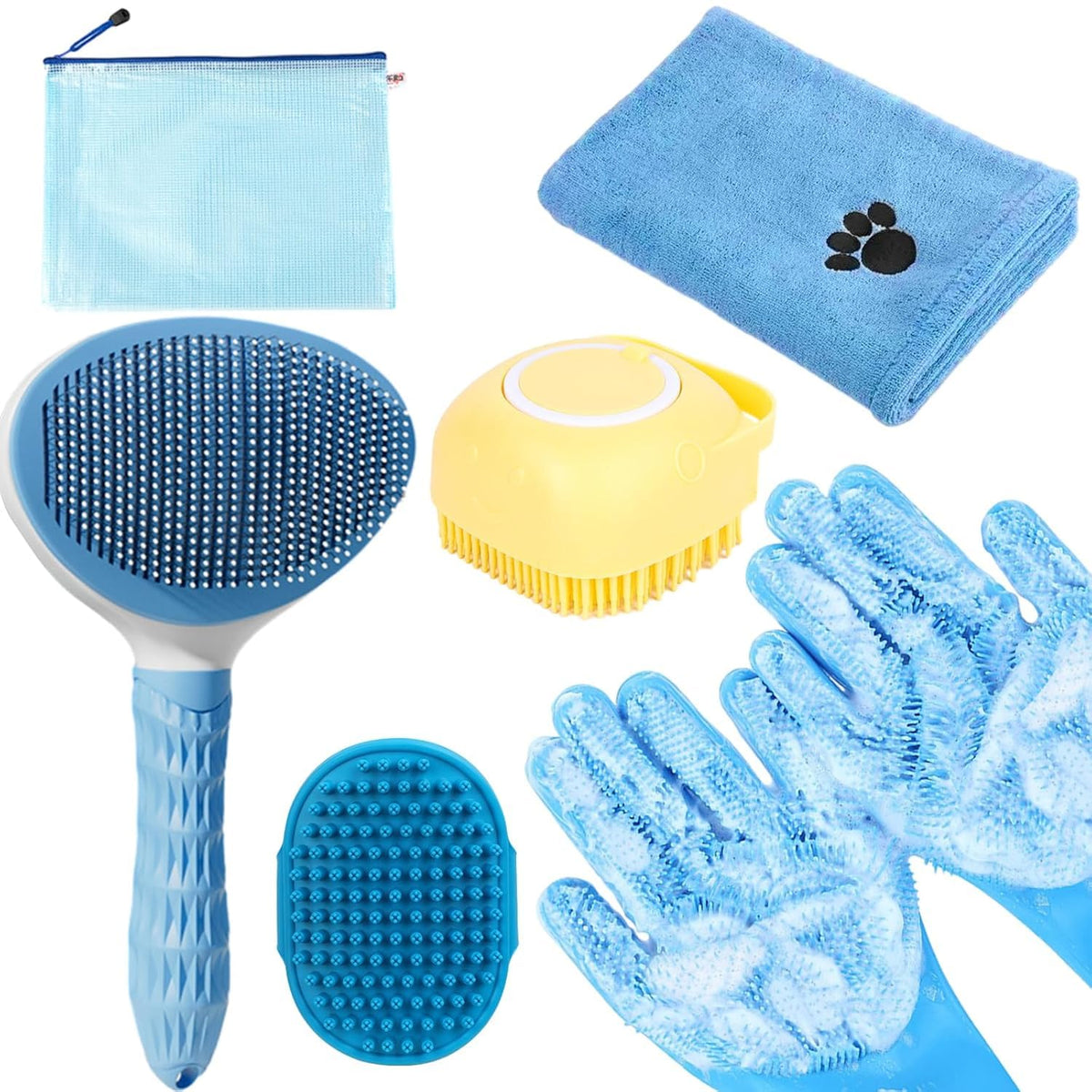 Bath Grooming Kit with Hair Brush, Towel & Scrubber Gloves - 6-in-1 Slicker Brush for Shedding Dogs