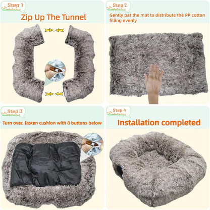 XxingSheep XL Cat Tunnel with Bed for Indoor Cats Peekaboo Cat Cave Donut Toy with Warm