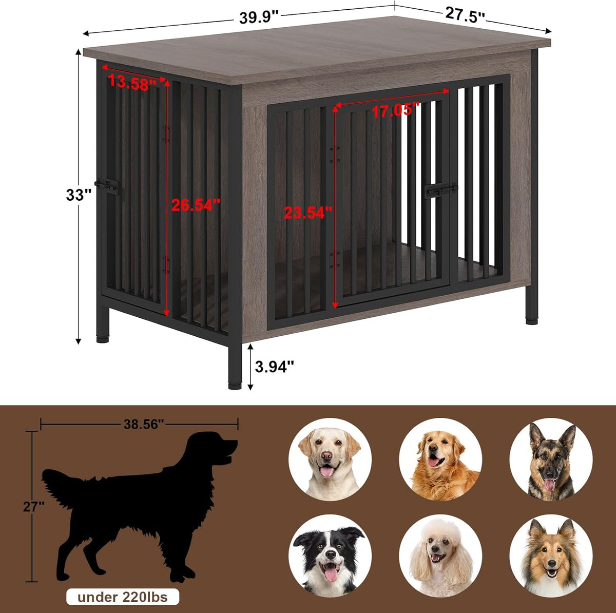 EasyCom 39.96" XL Wooden Large Dog Crate Furniture for Medium and Large Breed, Chew-Resistant Dog