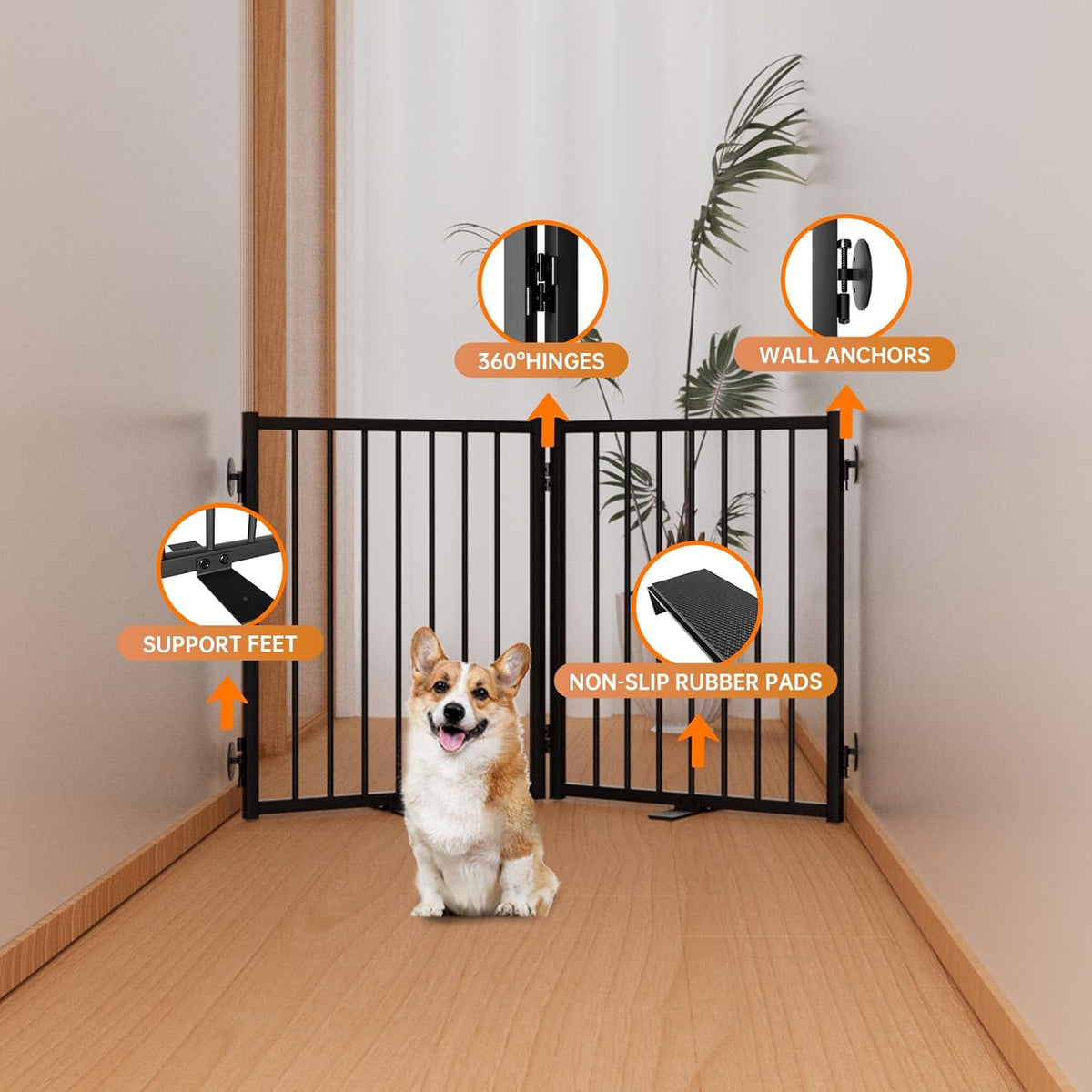 Full Metal Freestanding Dog Gate with Door, 24'' Height Foldable Pet Dog Fence for Indoor &
