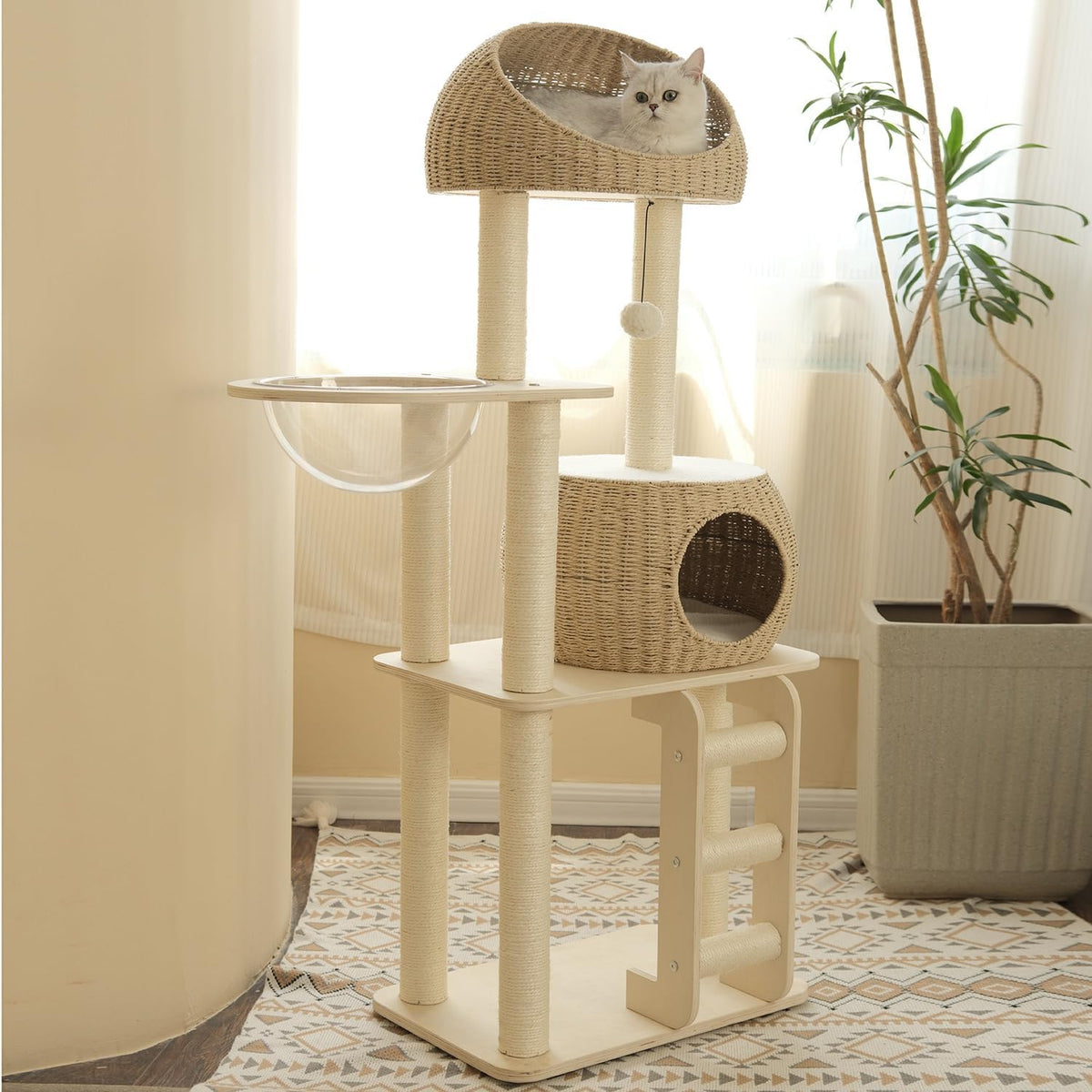 Rattan Cat Tree for Indoor Cats,Tall Cat Tree Tower with Cat Scratching Post,Wood Cat Tower for