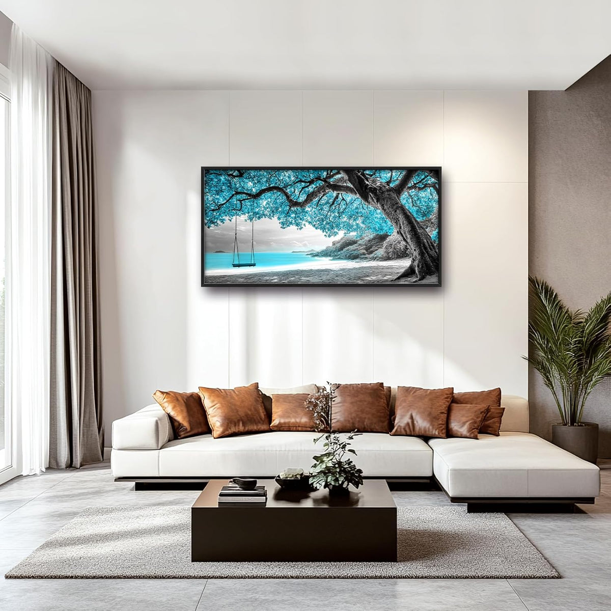 Extra Large Framed Abstract Tree Wall Art,Black and White Tree of Life Wall Decor,Blue Teal Sea