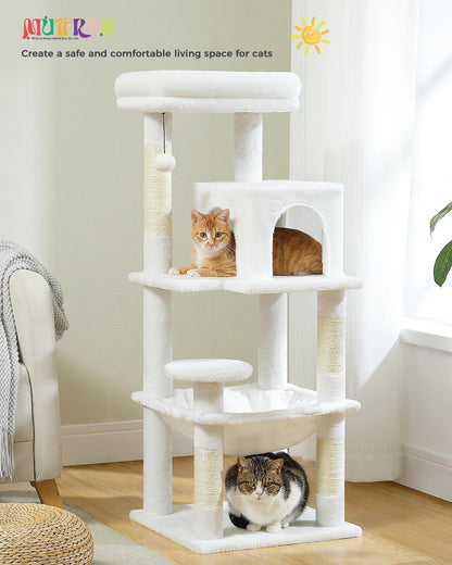 White Cat Tree for Indoor Cats, 45.7" Multi-Level Cat Tower with Large Metal Frame Hammock, Cat