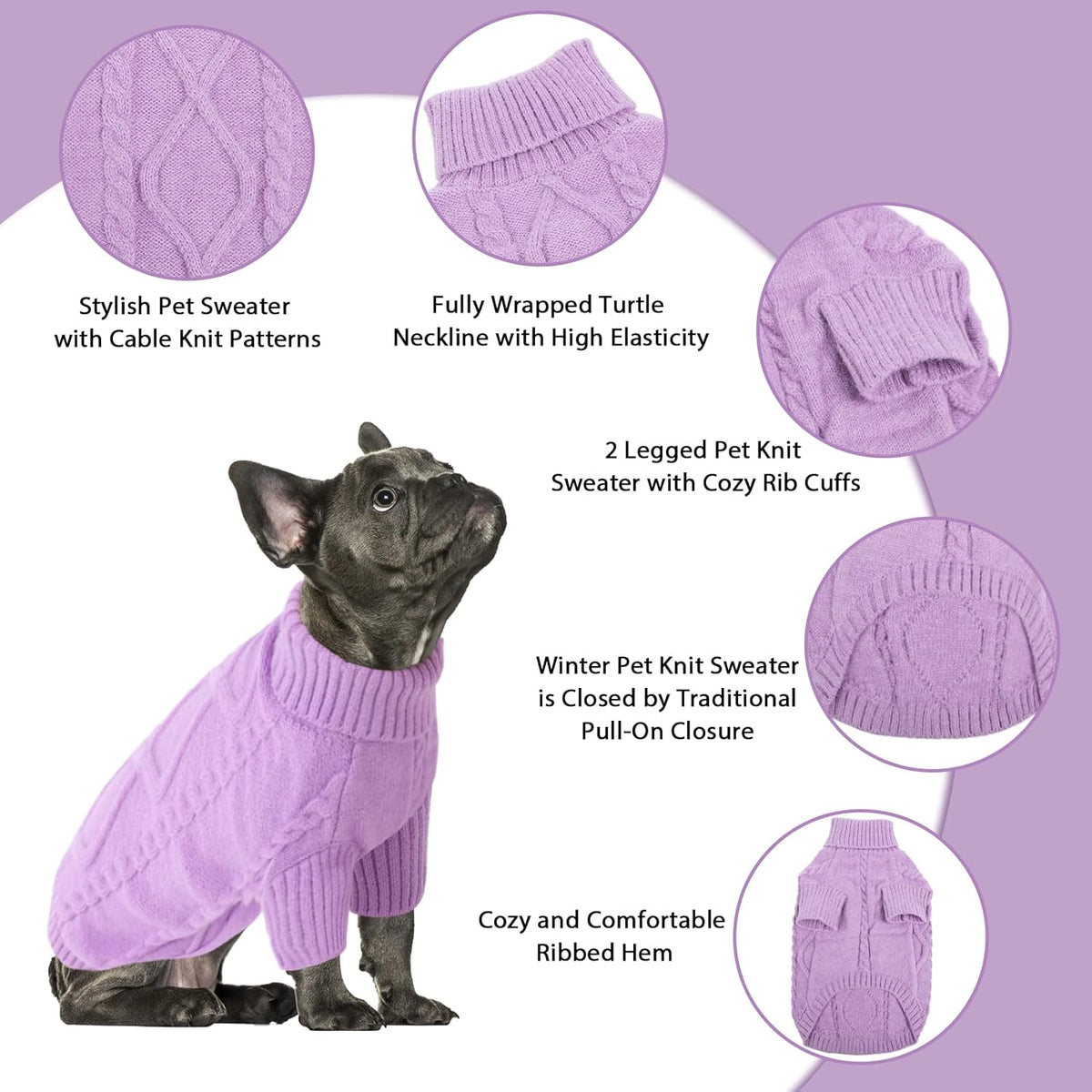 Queenmore Small Dog Pullover Sweater, Cold Weather Cable Knitwear, Classic Turtleneck Thick Warm