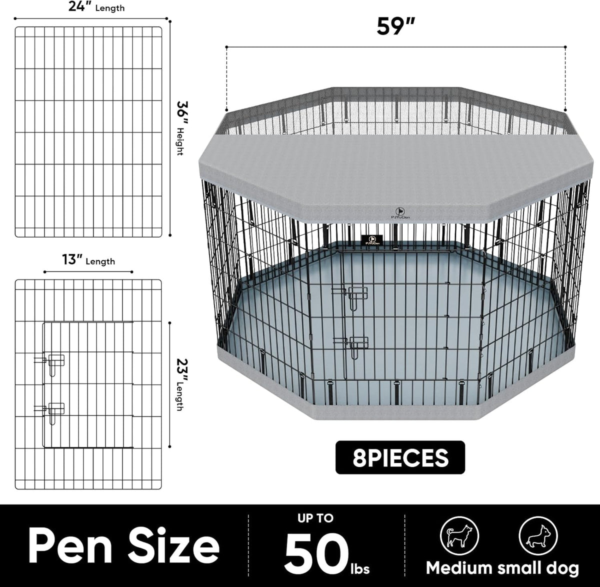 PJYuCien Dog Playpen, 8 Panels 36”H Dog Playpen Indoor with Grey Bottom Pad and Top Cover, Metal
