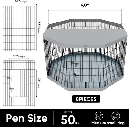 PJYuCien Dog Playpen, 8 Panels 36”H Dog Playpen Indoor with Grey Bottom Pad and Top Cover, Metal