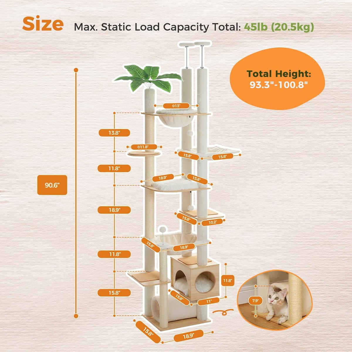 PEQULTI Floor to Ceiling Cat Tree 93.3’’-100.8’’ Height Adjustable Wooden Cat Tower Tall Climbing