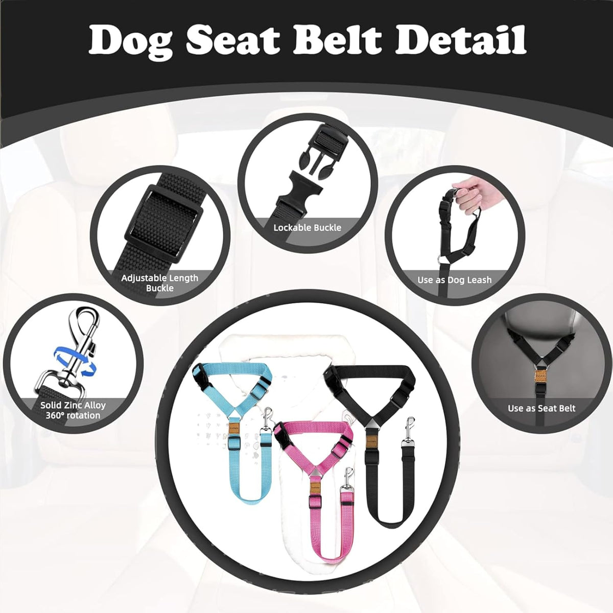 3 Pack Dog Seat Belt for Car, Car Headrest Restraint Adjustable Nylon Fabric, Dog Restraints