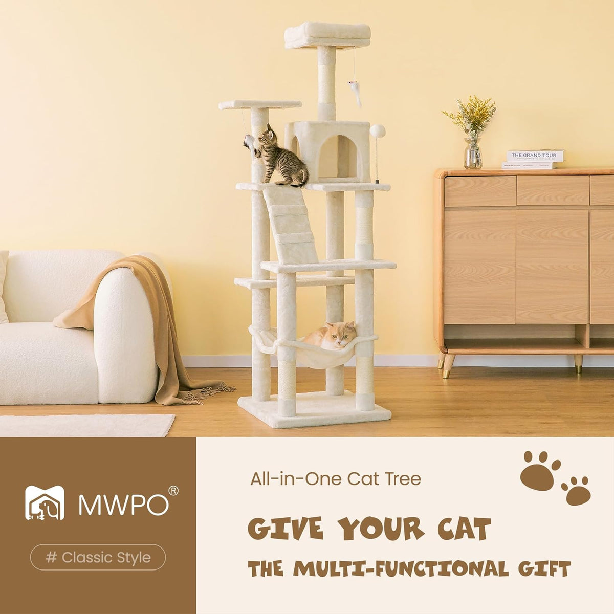 MWPO 63.8 inches Multi-Level Cat Tree for Large Cats with Sisal-Covered Scratching Posts, Padded
