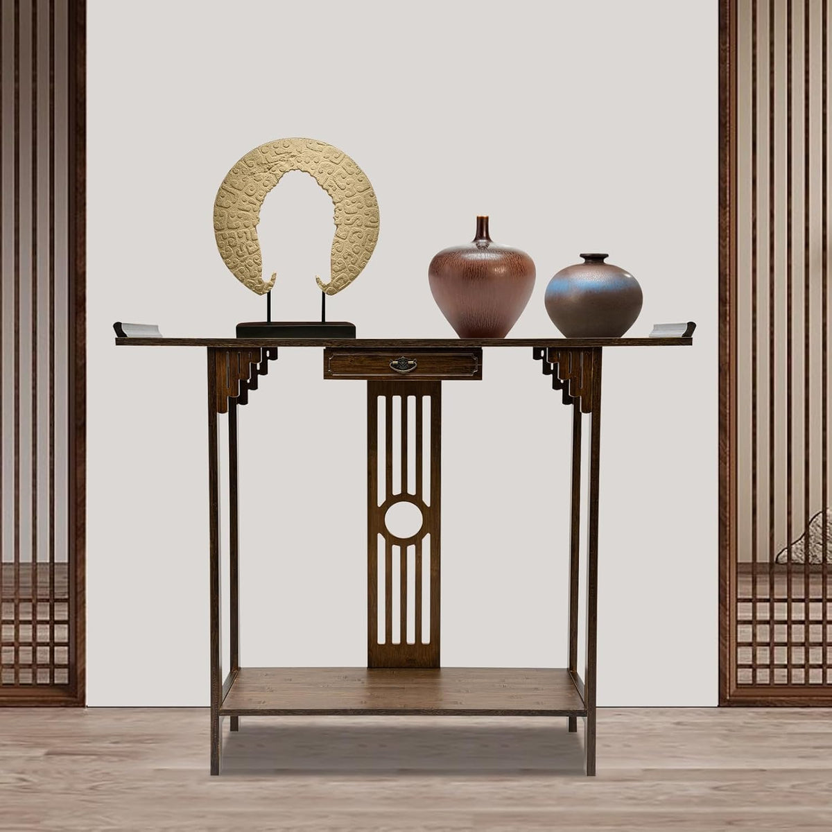 Console Table with Storage Shelves, 2 Tiers L 40.1” Narrow Sofa Table with Drawers, Bamboo Entryway