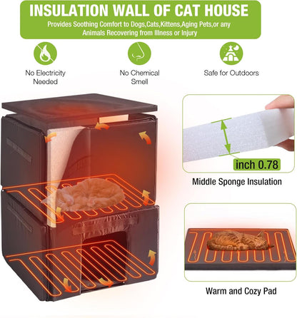 GUTINNEEN Outdoor Heated Cat House for Winter, Weatherproof Wooden Feral Cat Shelter with Escape