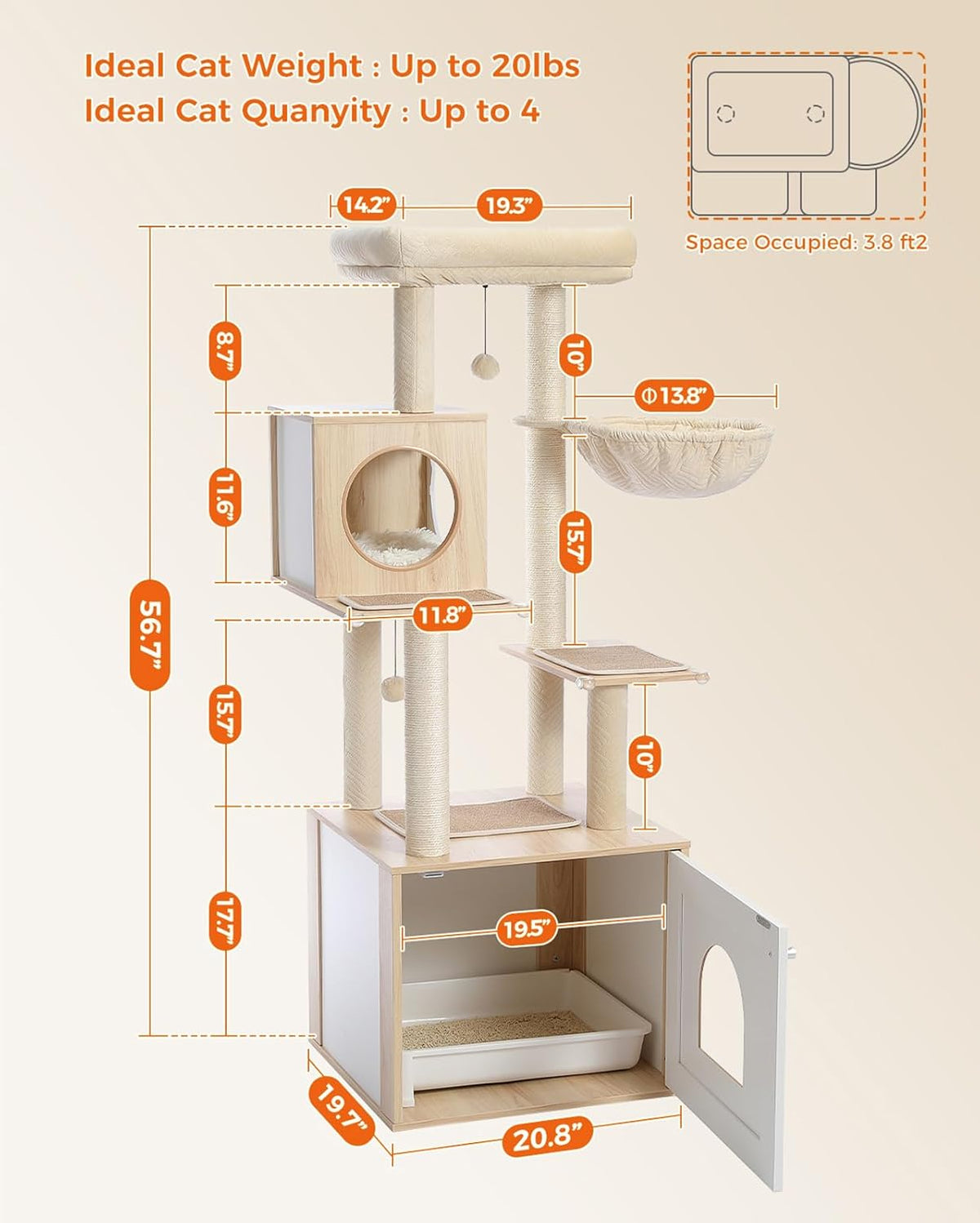 Tall Cat Tree with Litter Box Enclosure 56.7" Wooden Cat Tower for Large Cats with Cat Hammock