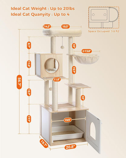 Tall Cat Tree with Litter Box Enclosure 56.7" Wooden Cat Tower for Large Cats with Cat Hammock