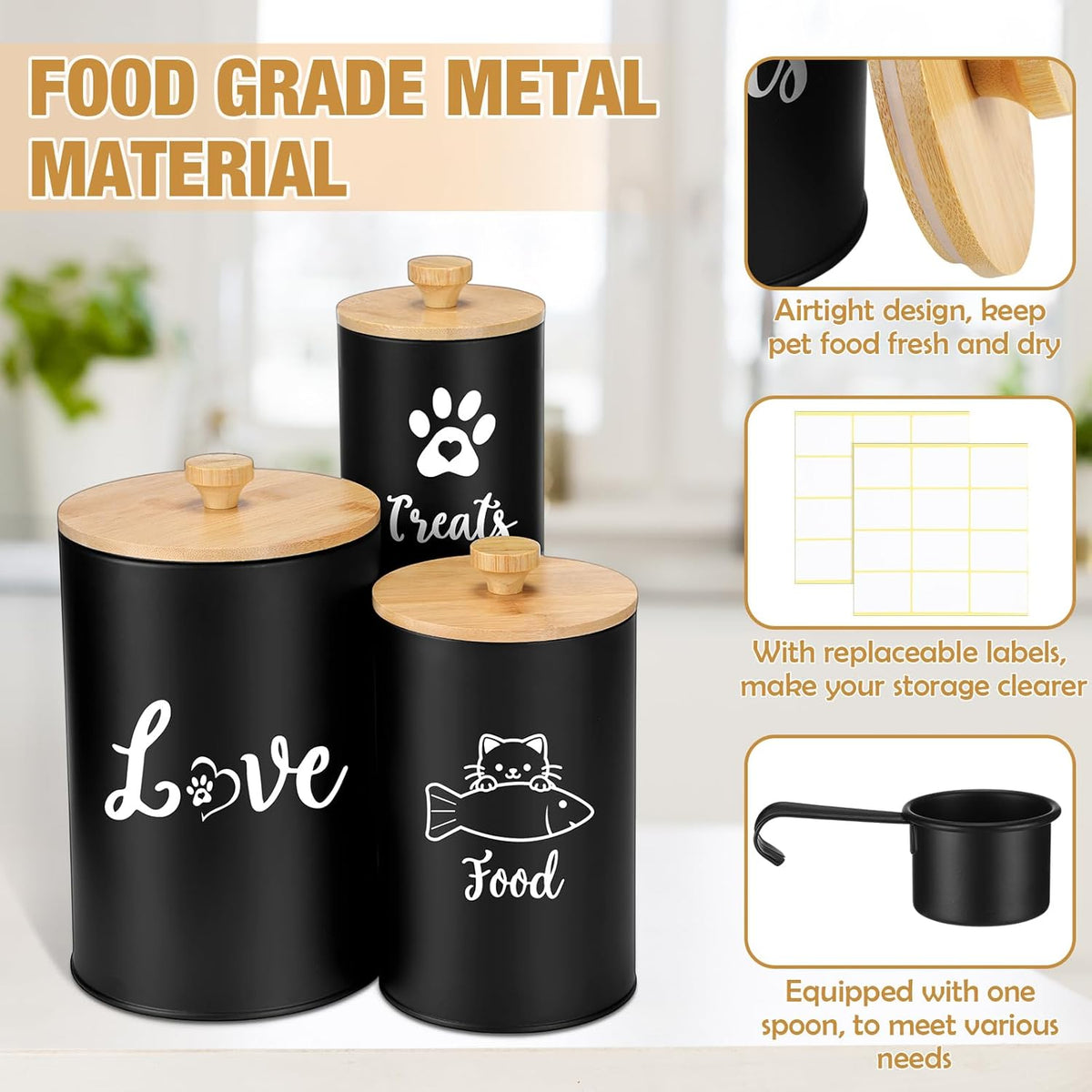 Metal Airtight Cat Treat Container Set of 3 with Bamboo Lids and Spoon Cat Food Storage Container