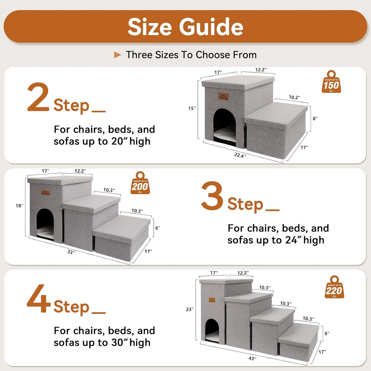 Dog Stairs 15" H, 2-Step Wider Dog Steps for Small/Medium/Large Old Dogs Cats, Folding Sturdy