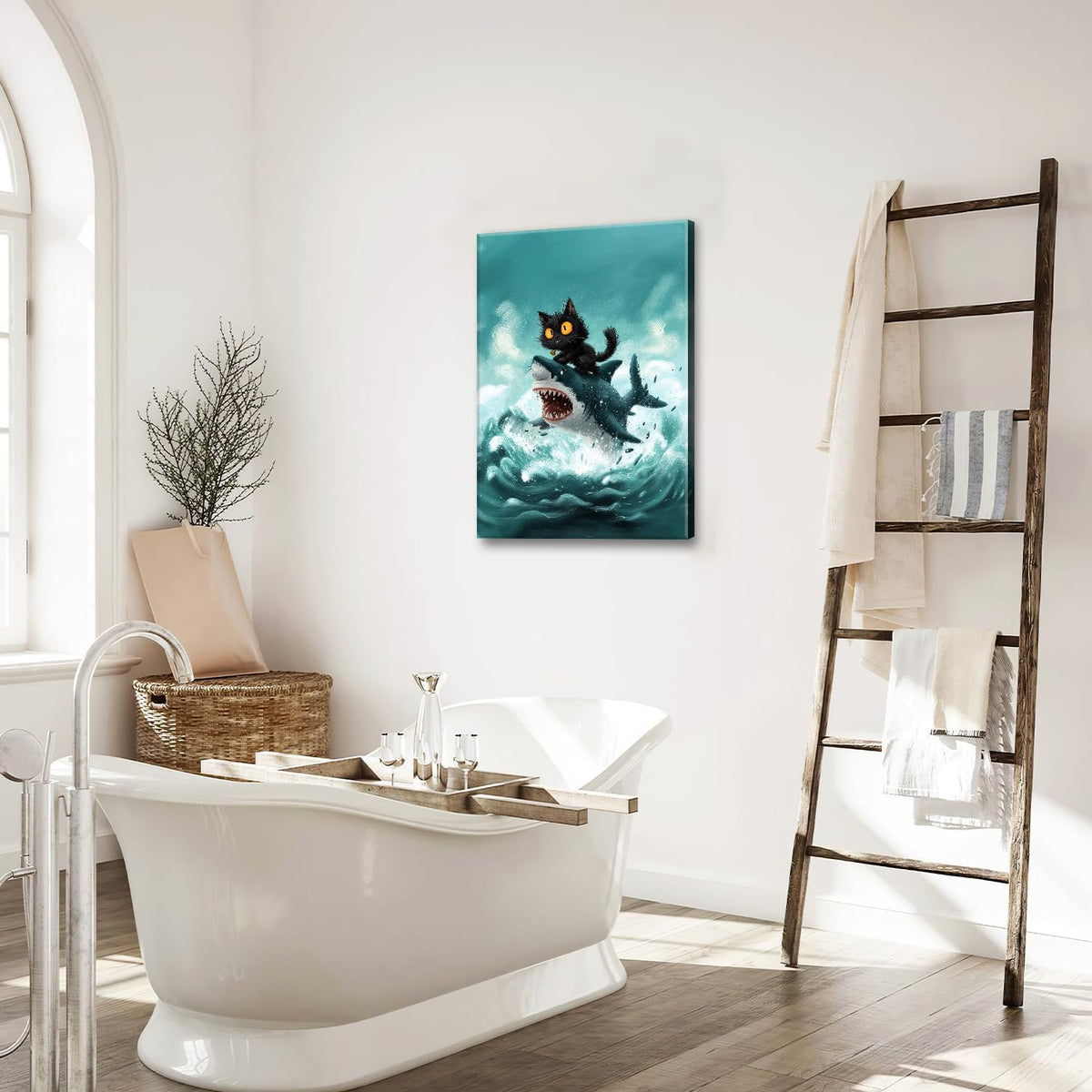 Funny Black Cat Bathroom Wall Art Cute Cat Riding Shark Canvas Wall Decor Animal Kitten Pictures