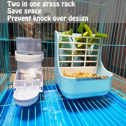 HERCOCCI PET Feeder and Water Bottle Set, Large Blue (500ml), Durable Hay Food Bin Feeder, Food