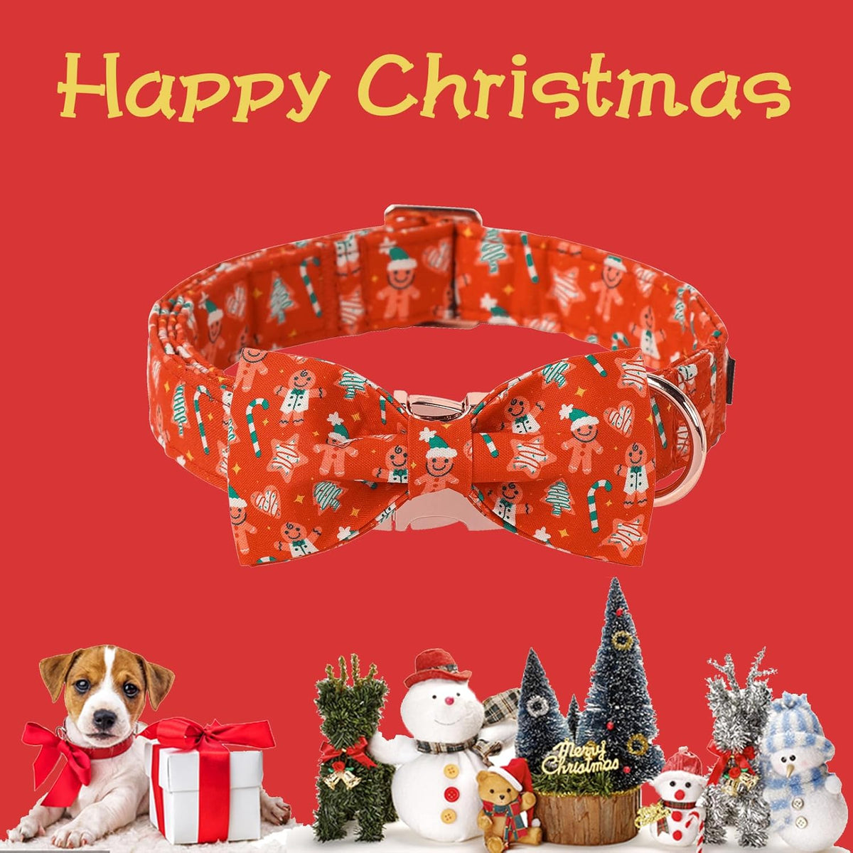 Unique Style Paws Christmas Day Dog Collar with Bow Red Gingerbred Cotton Puppy Collars for Small