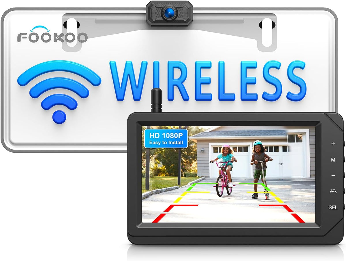 Fookoo HD 1080P 5-inch Wireless Backup Camera, 5" Split Screen Monitor Rear View Licence Plate