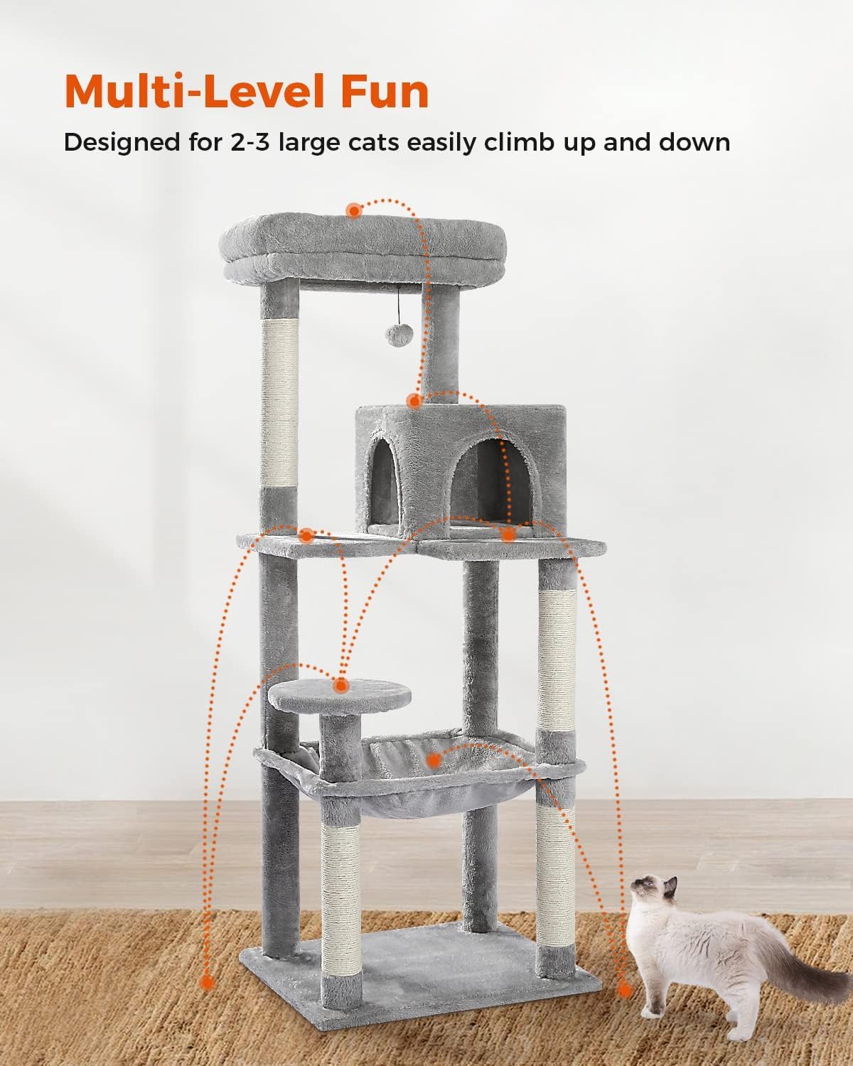 PETEPELA 56.3'' Tall Cat Tree for Indoor Cats, Multi-Level Cat Tower with Super Large Hammock