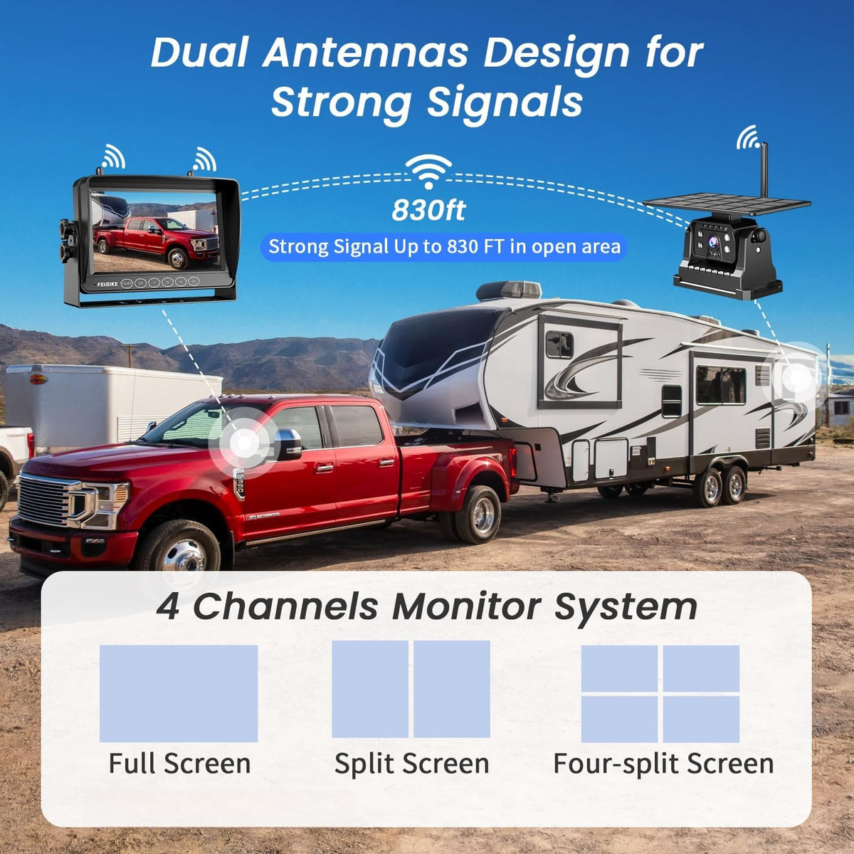 Dual Magnetic Solar Wireless Backup Camera for RV Truck Trailer ??7" 1080P Monitor with Recording