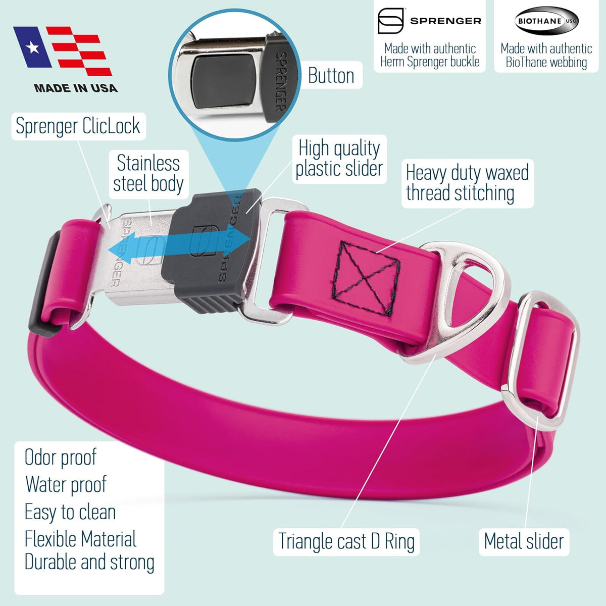 Dogline Biothane Waterproof Dog Collar with Herm Sprenger Black Stainless Steel Quick Release
