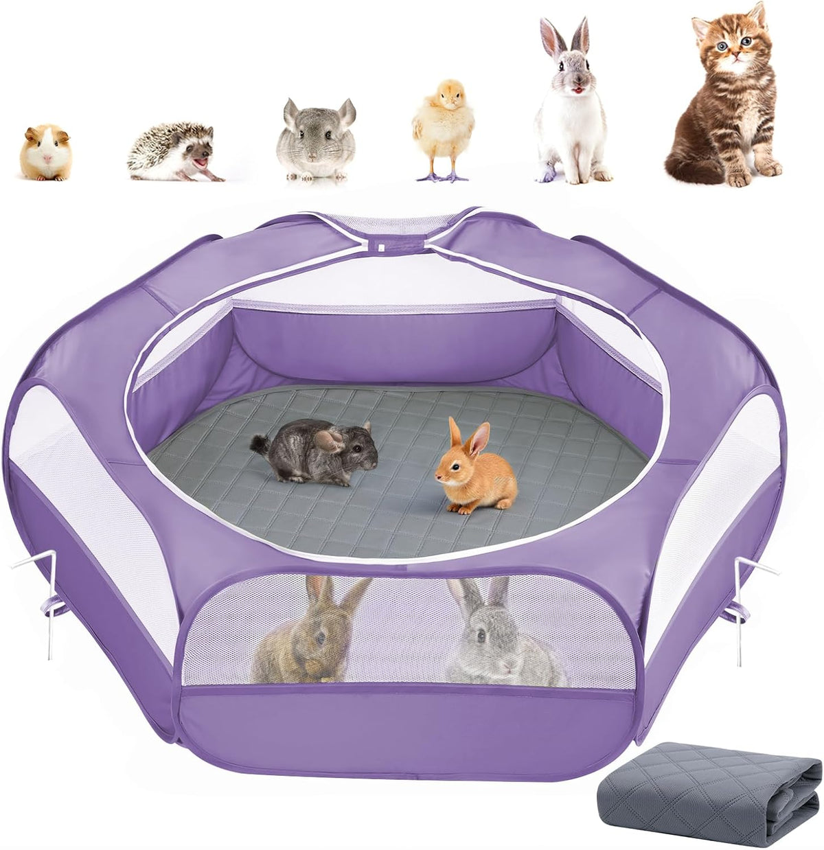 2-in-1 Small Animals Playpen with Pad, Waterproof Small Pet Cage Tent with Reusable Pad, Portable