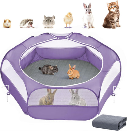 2-in-1 Small Animals Playpen with Pad, Waterproof Small Pet Cage Tent with Reusable Pad, Portable
