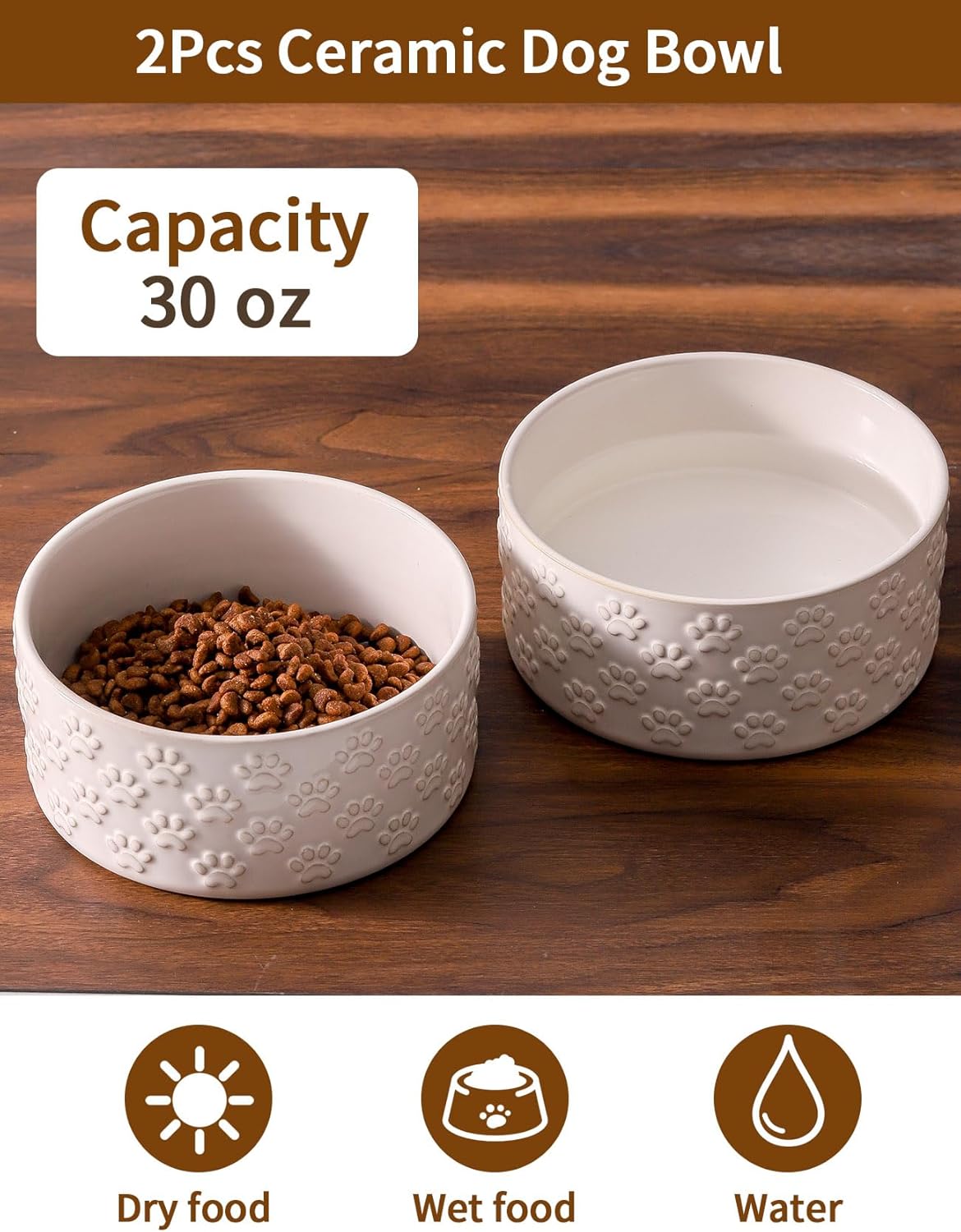 UBEE Ceramic Dog Food Bowl Set of 2, 6.1 inch Dog Dish Bowl with Paw Pattern, Pet Food Water Dish
