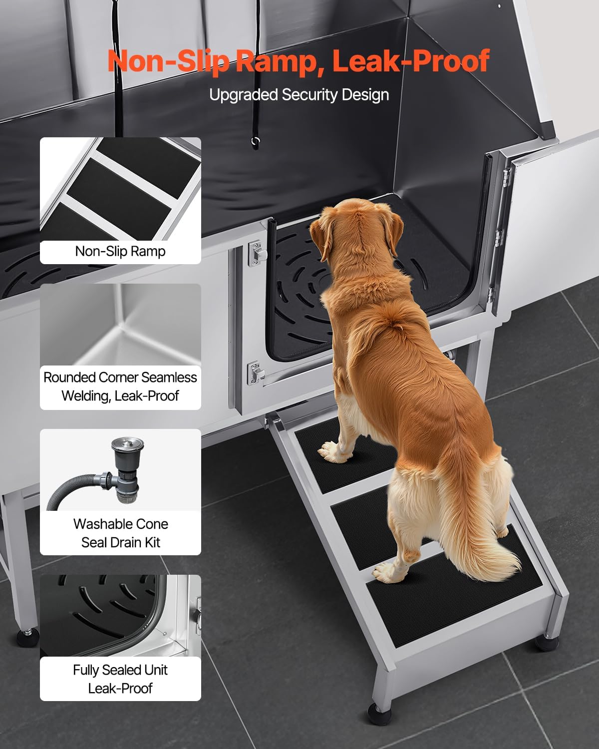 VEVOR Stainless Steel Dog Washing Station, Professional 62 inch Pet Grooming Tub w/Ramp, PE Water