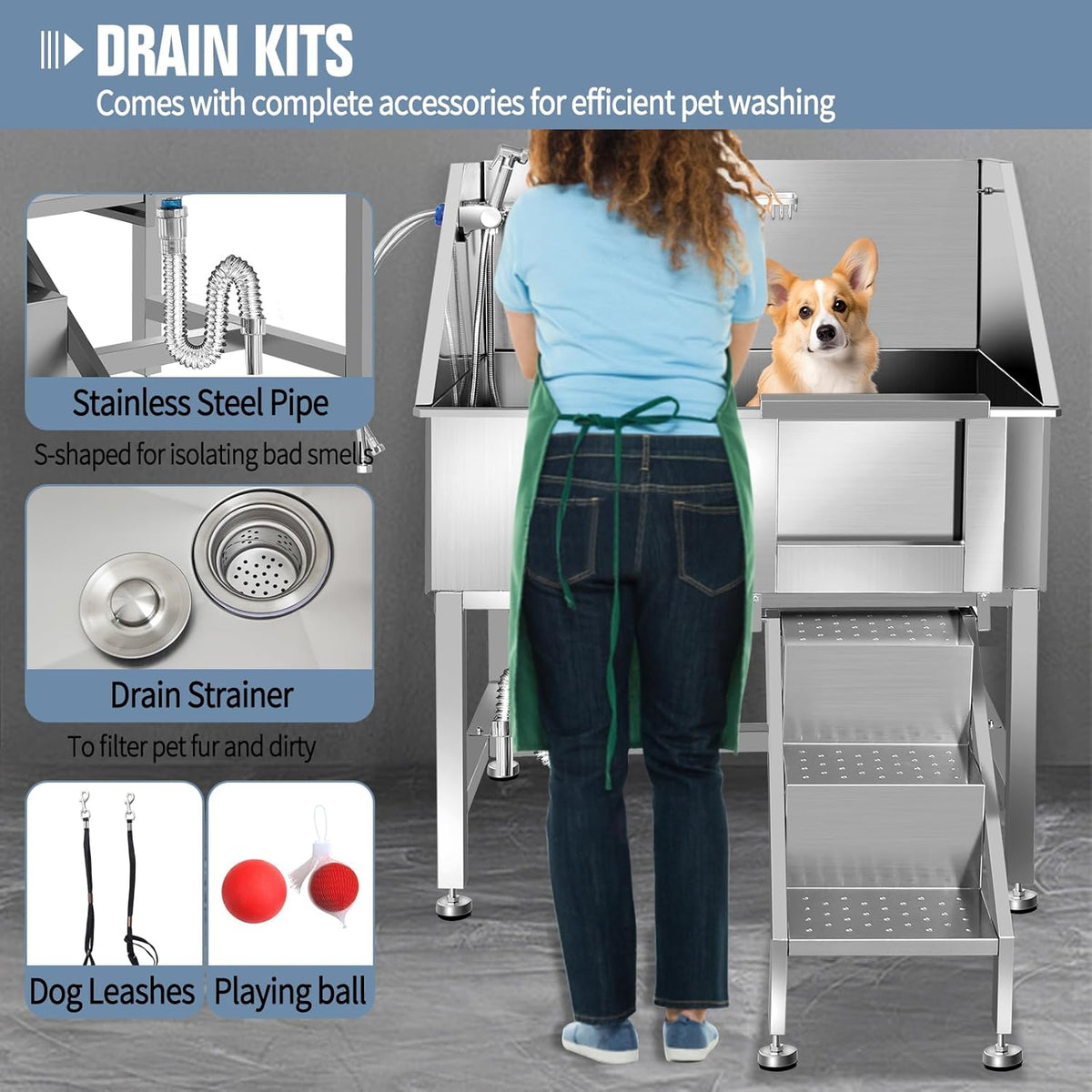 38" Dog Bathing Station, Professional Dog Washing Station Stainless Steel Dog Grooming Tub for