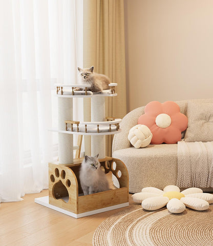 Modern Cat Tree, Solid Wooden Cats Tower, 37" Luxury Cats Trees Condo for Large Cat, Multi-Level