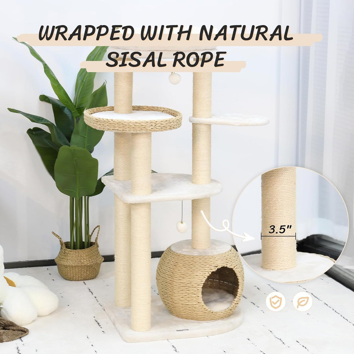 KAMABOKO Modern Cat Tree, 53" Cat Tower for Indoor Cats Natural Sisal Scratching Posts, Hand-Woven