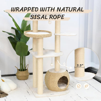 KAMABOKO Modern Cat Tree, 53" Cat Tower for Indoor Cats Natural Sisal Scratching Posts, Hand-Woven
