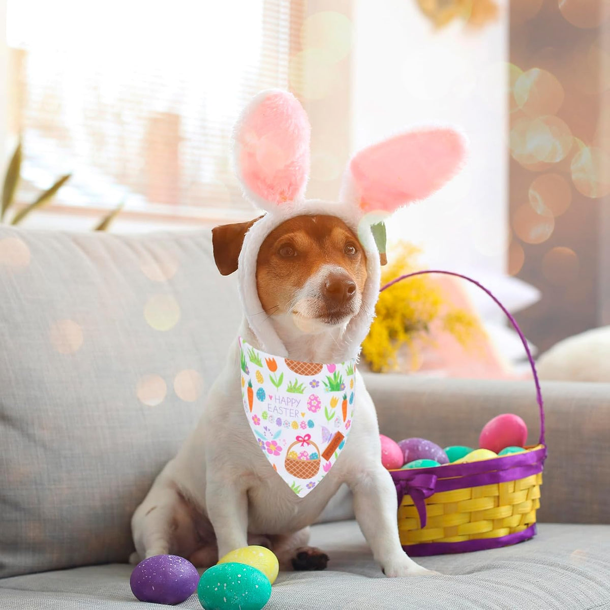 PTDECOR Easter Dog Bandana, Reversible Rabbit Easter Egg Dog Scarf, Multi Size, White Green
