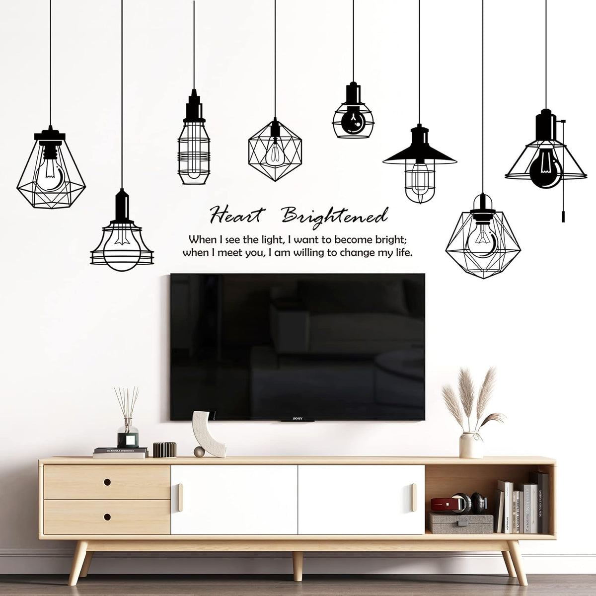 Removable 8pcs Hanging Black Vinyl Chandeliers Wall Sticker Quotes Heart Brightened Wall Decal DIY