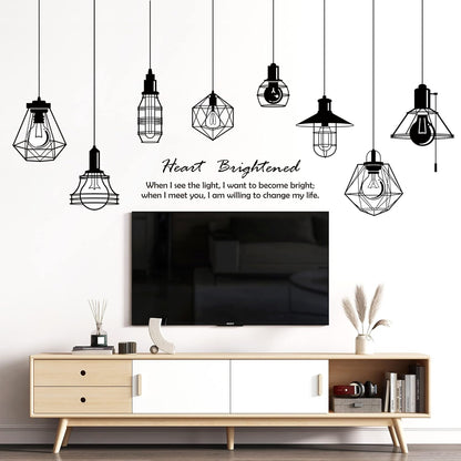 Removable 8pcs Hanging Black Vinyl Chandeliers Wall Sticker Quotes Heart Brightened Wall Decal DIY