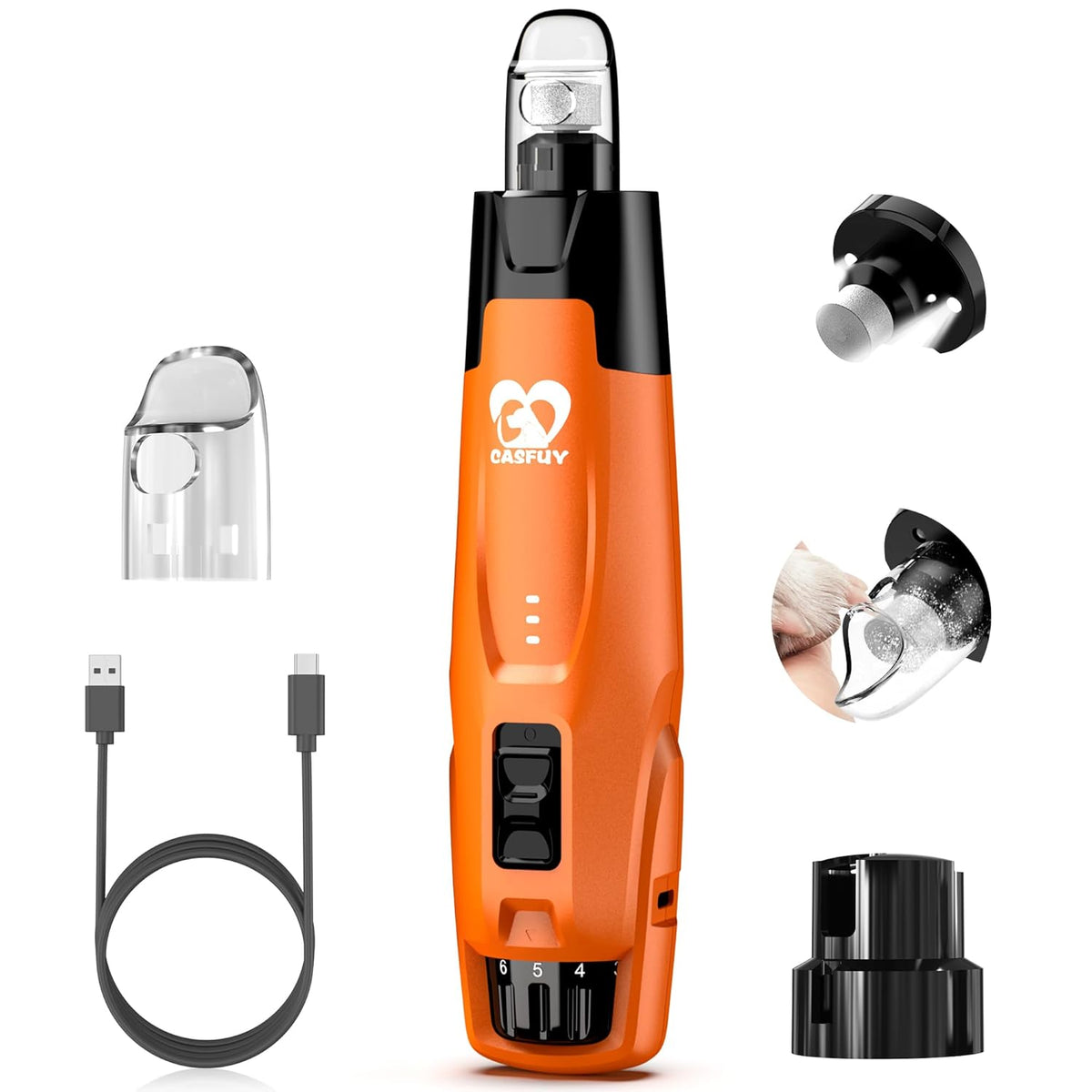 Casfuy New 6-Speed Dog Nail Grinder - 50% More Power Dog Nail Trimmers with 2 LED Lights Quiet 7h