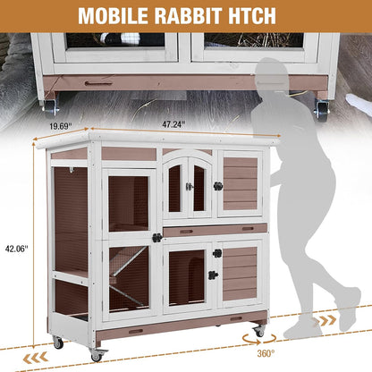 Rabbit Hutch Indoor Bunny Cage Outdoor with Casters, Guinea Pig Cage for Small Animals, Bunny Hutch
