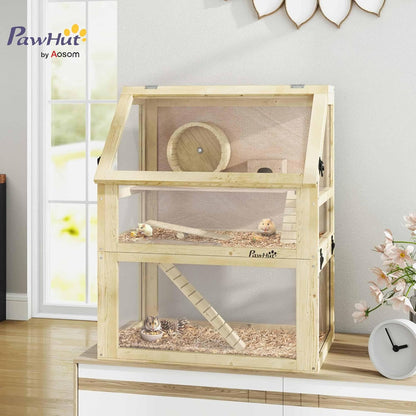 PawHut Wooden Hamster Cage, 3 Tier Small Animal Cage with Detachable 12.6" Deep Bottom, Hut