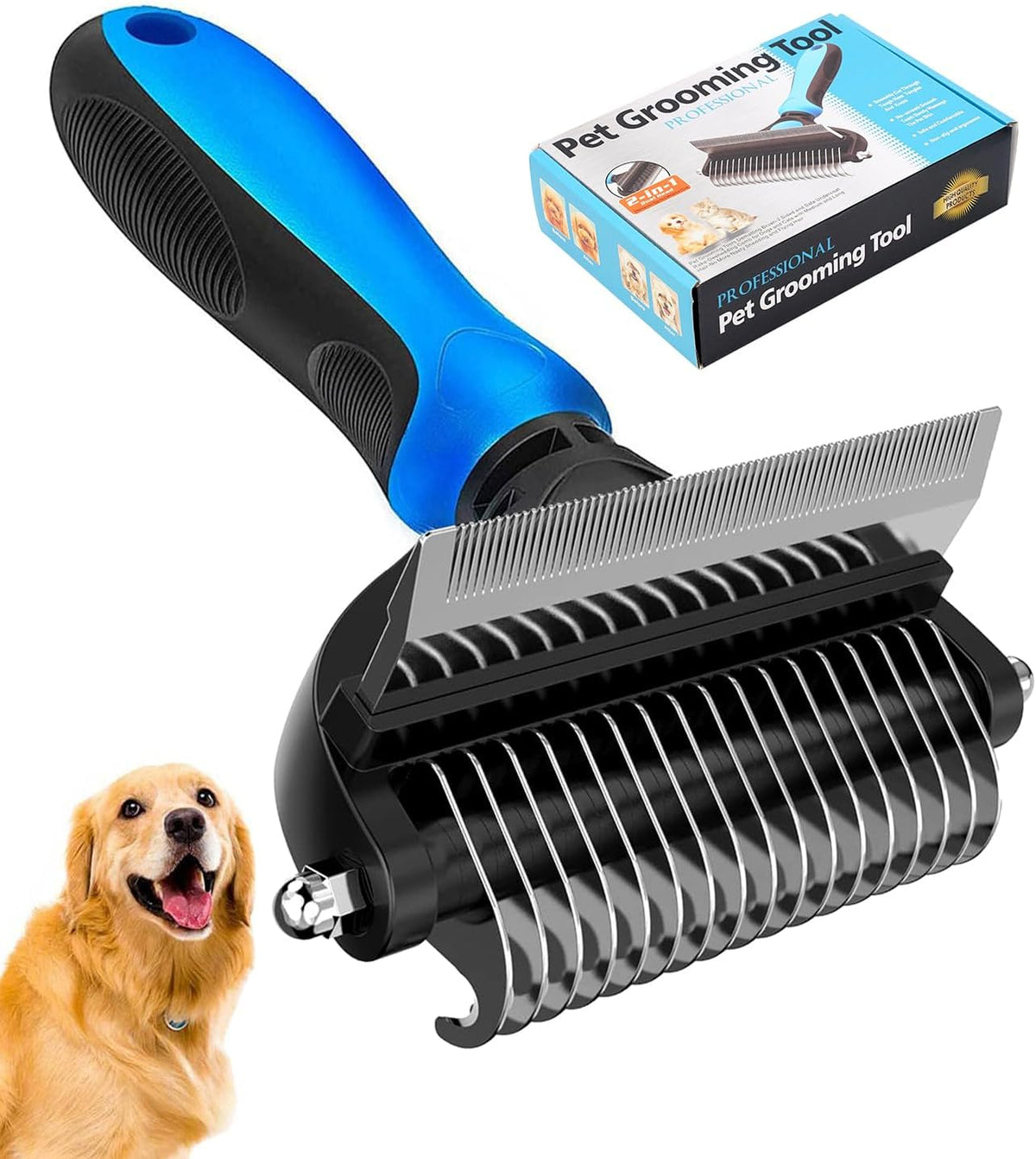 [ 2 in 1 design ] Undercoat Rake and Deshedding Tool for Dogs and Cats - Dematting Comb for Long