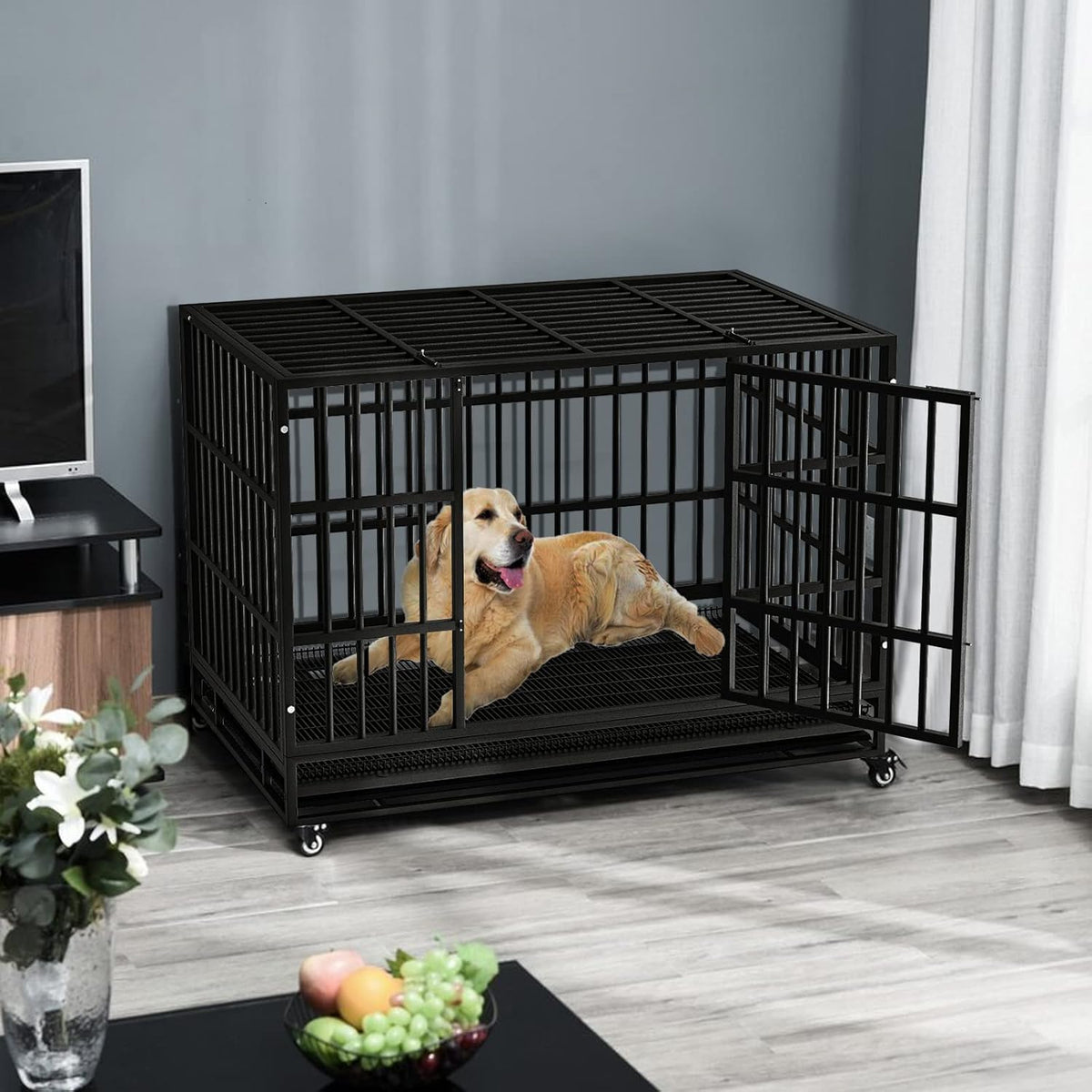 LEMBERI 48/38 inch Heavy Duty Indestructible Dog Crate, Escape Proof Dog Cage Kennel with Lockable