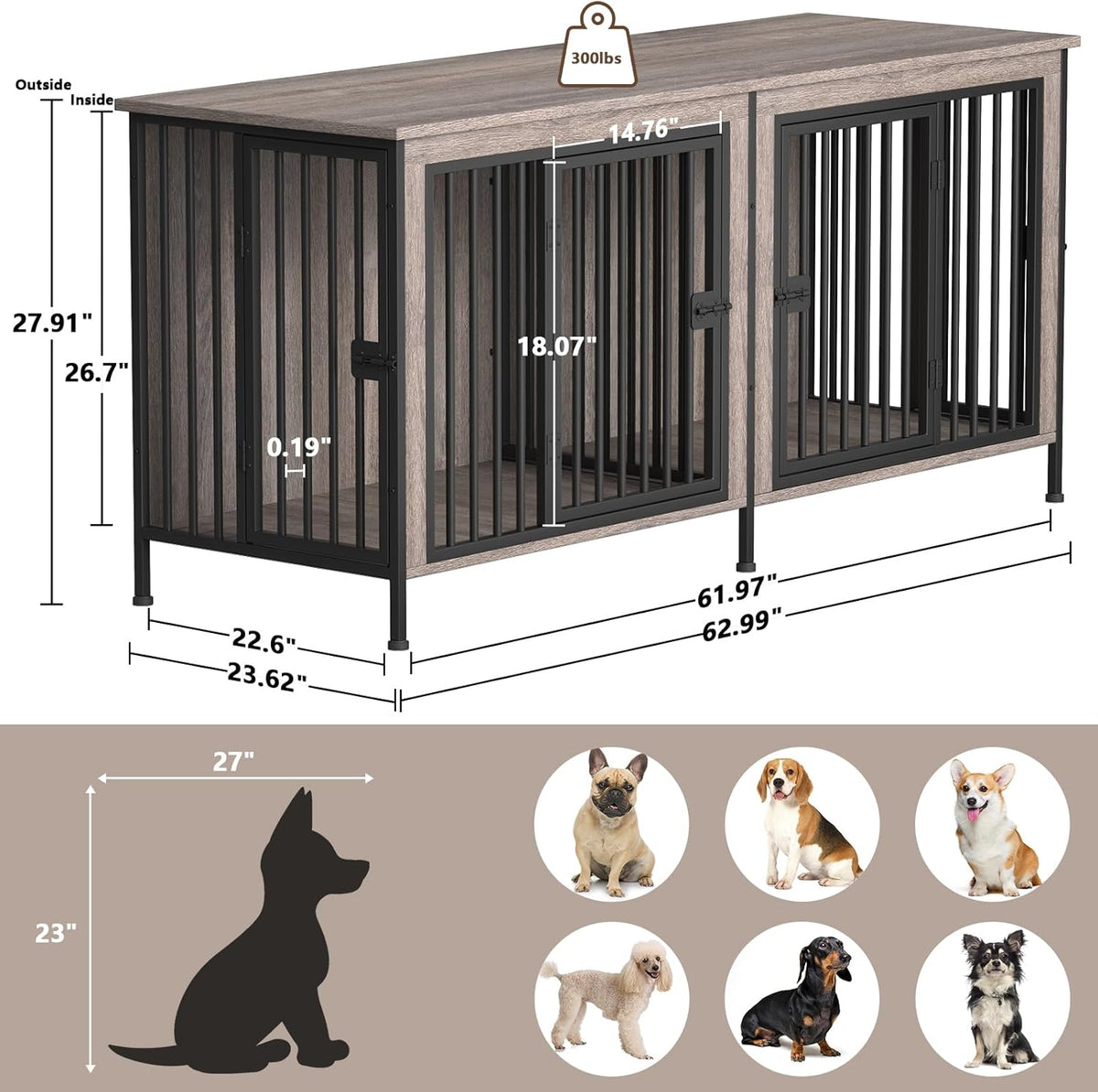 EasyCom 63" Dog Cage Furniture for 2 Pets with Divider, XL Wooden Double Dog Crate Furniture TV