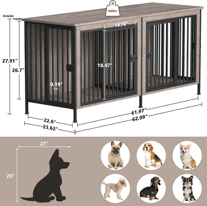 EasyCom 63" Dog Cage Furniture for 2 Pets with Divider, XL Wooden Double Dog Crate Furniture TV