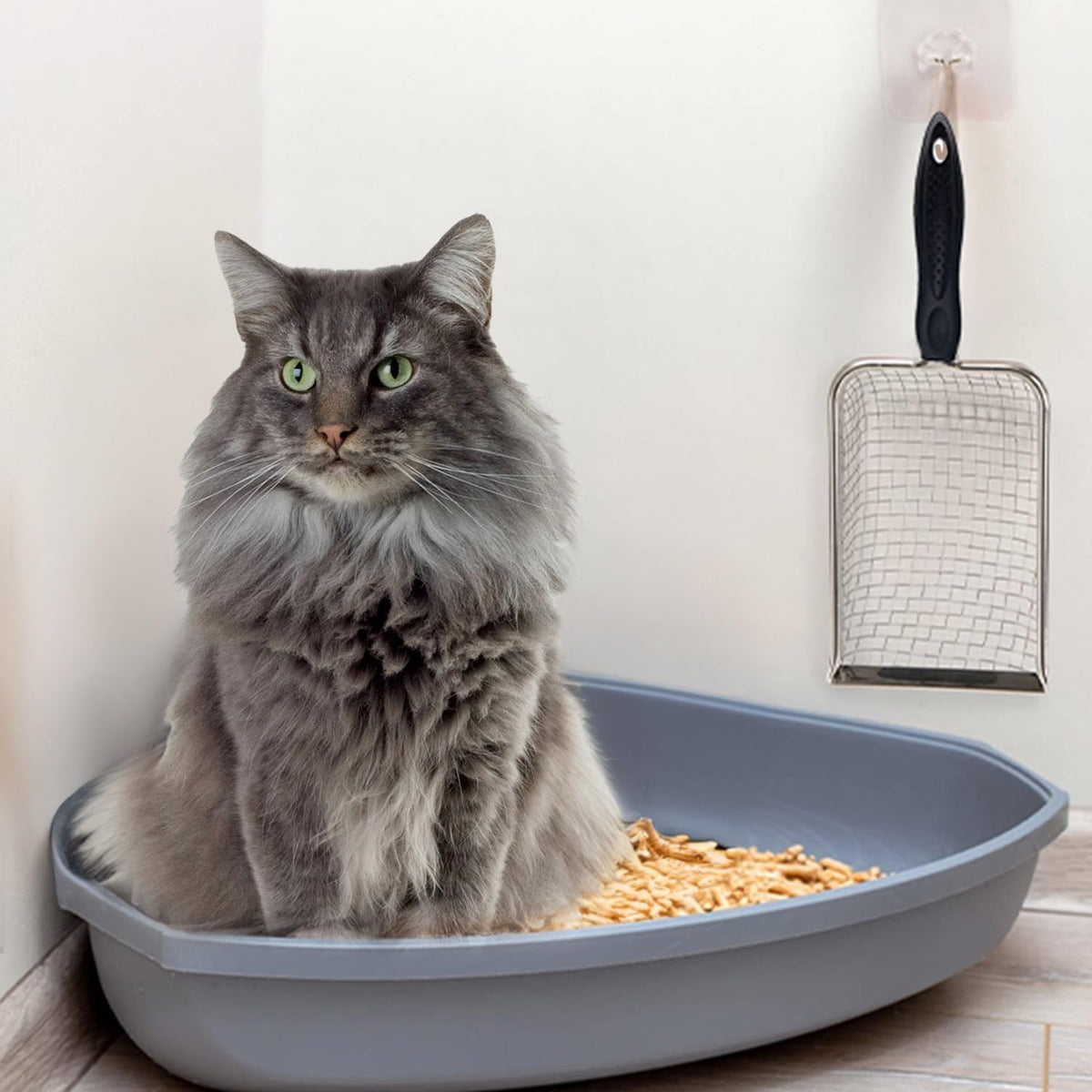 Cat Litter Scooper with Holder,Sturdy Litter Cleaner Corner Shovel,Stainless Steel Mesh Litter