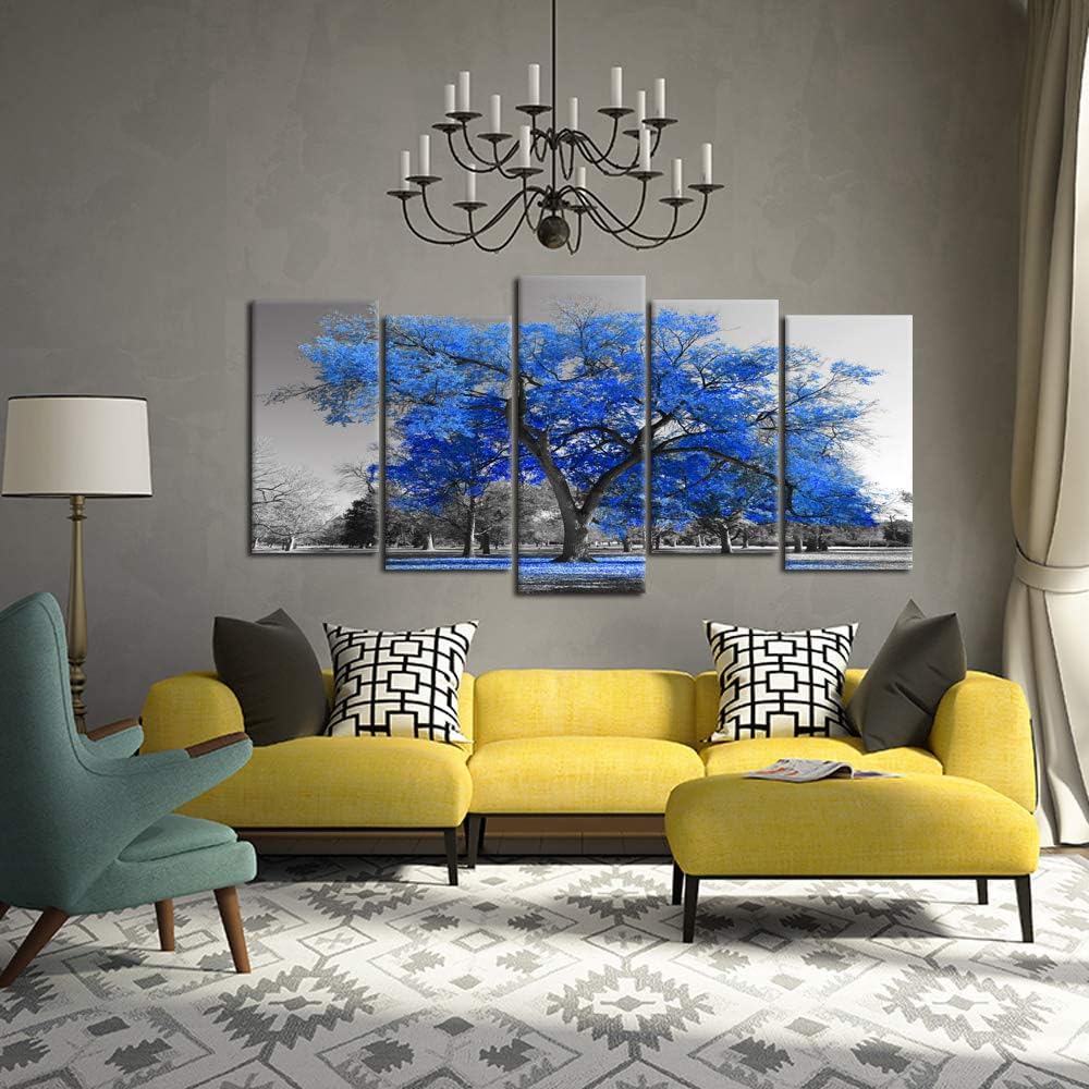 KREATIVE ARTS Canvas Print Wall Art Painting Contemporary Blue Tree In Black And White Style Fall