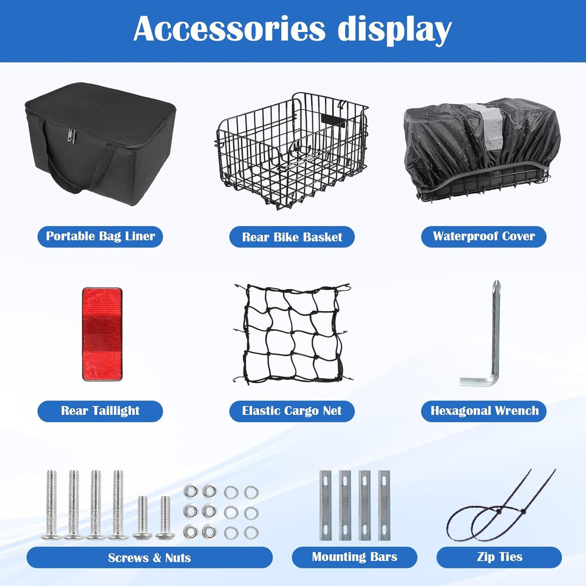 Bike Basket Rear, Folding Bicycle Basket with Removable Waterproof Liner Bag, Rear Bike Cargo Rack